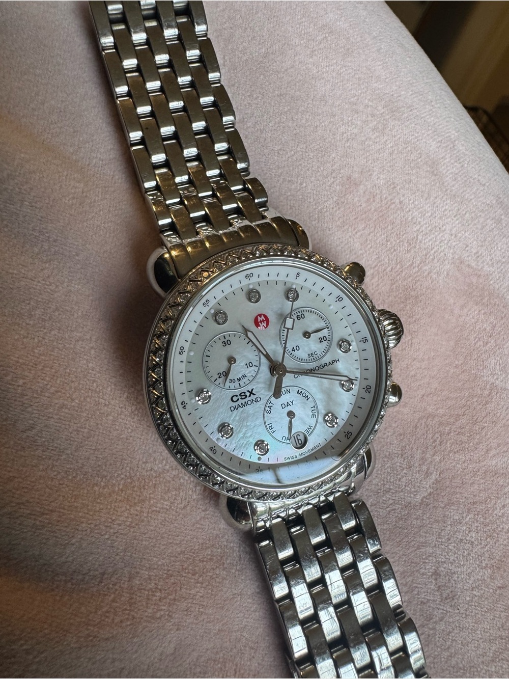 Michele Silver Stainless Steel Diamond and Mother-of-Pearl Dial Watch